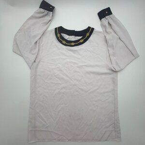 Tess Vintage Womens Blouse Size 10 Cream Navy Gold Rope Embroidery Long Sleeve